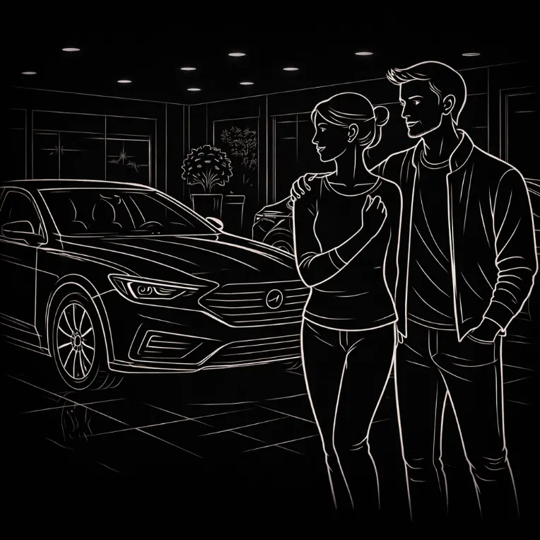 Couple looking at a car in a showroom