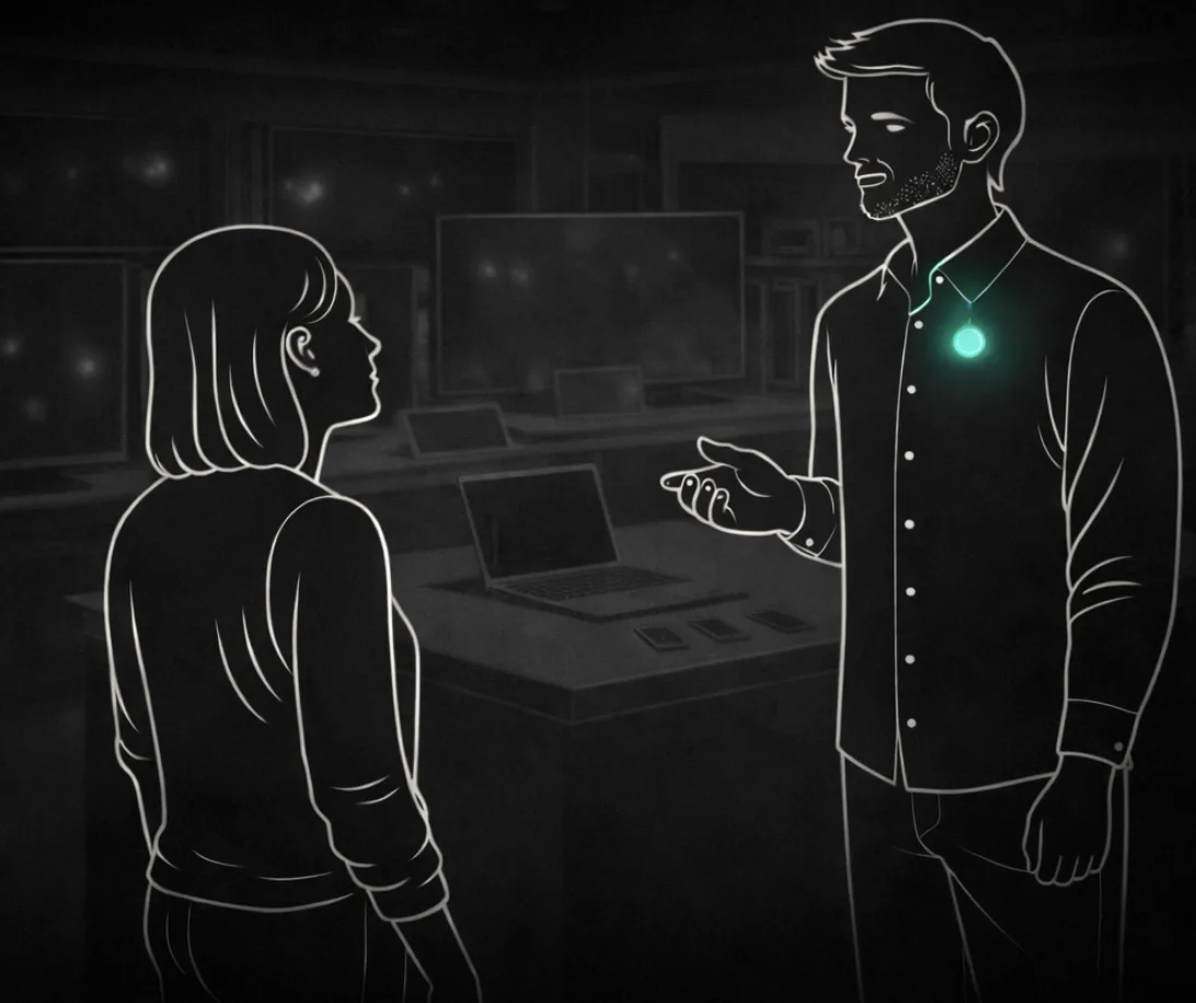 Sales associate assisting a customer in an electronics store