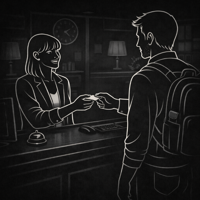 Hotel receptionist and guest at check-in desk